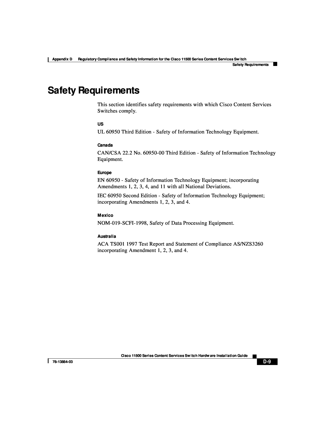 Cisco Systems 11500 Series manual Safety Requirements 