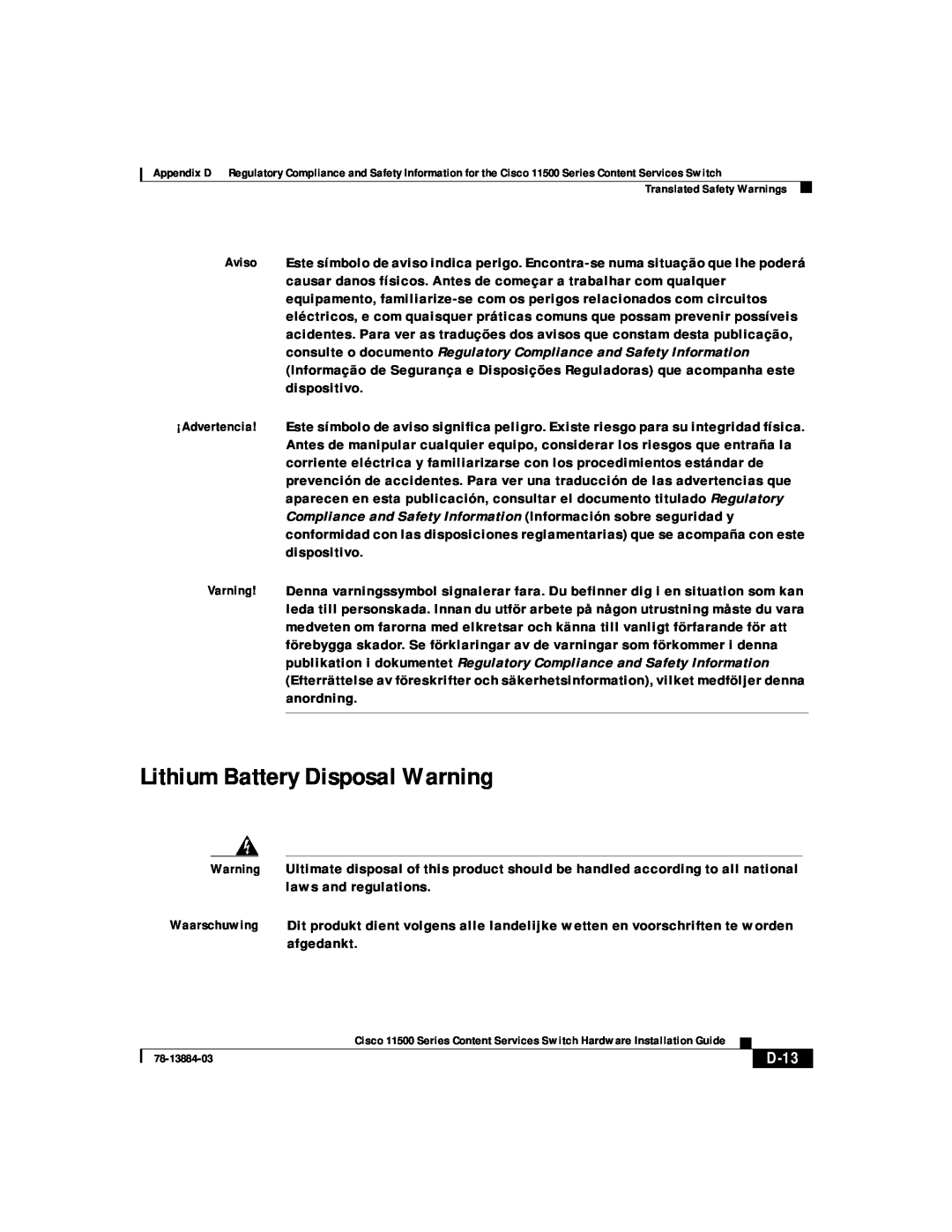 Cisco Systems 11500 Series manual Lithium Battery Disposal Warning, D-13 
