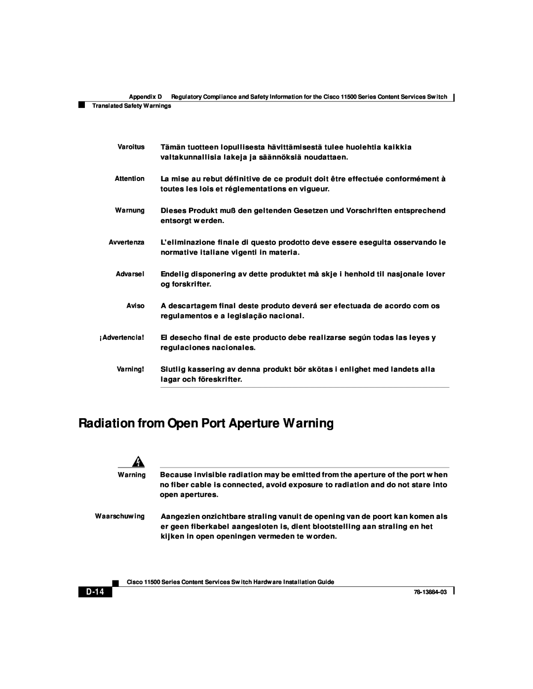 Cisco Systems 11500 Series manual Radiation from Open Port Aperture Warning, D-14 