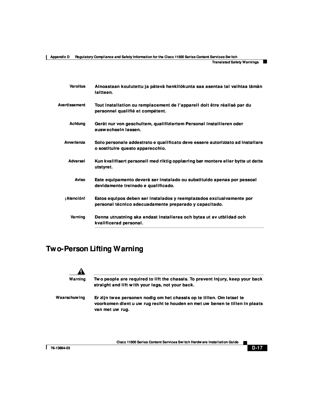 Cisco Systems 11500 Series manual Two-Person Lifting Warning, D-17 
