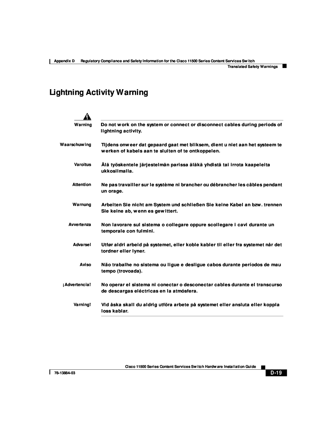 Cisco Systems 11500 Series manual Lightning Activity Warning, D-19 