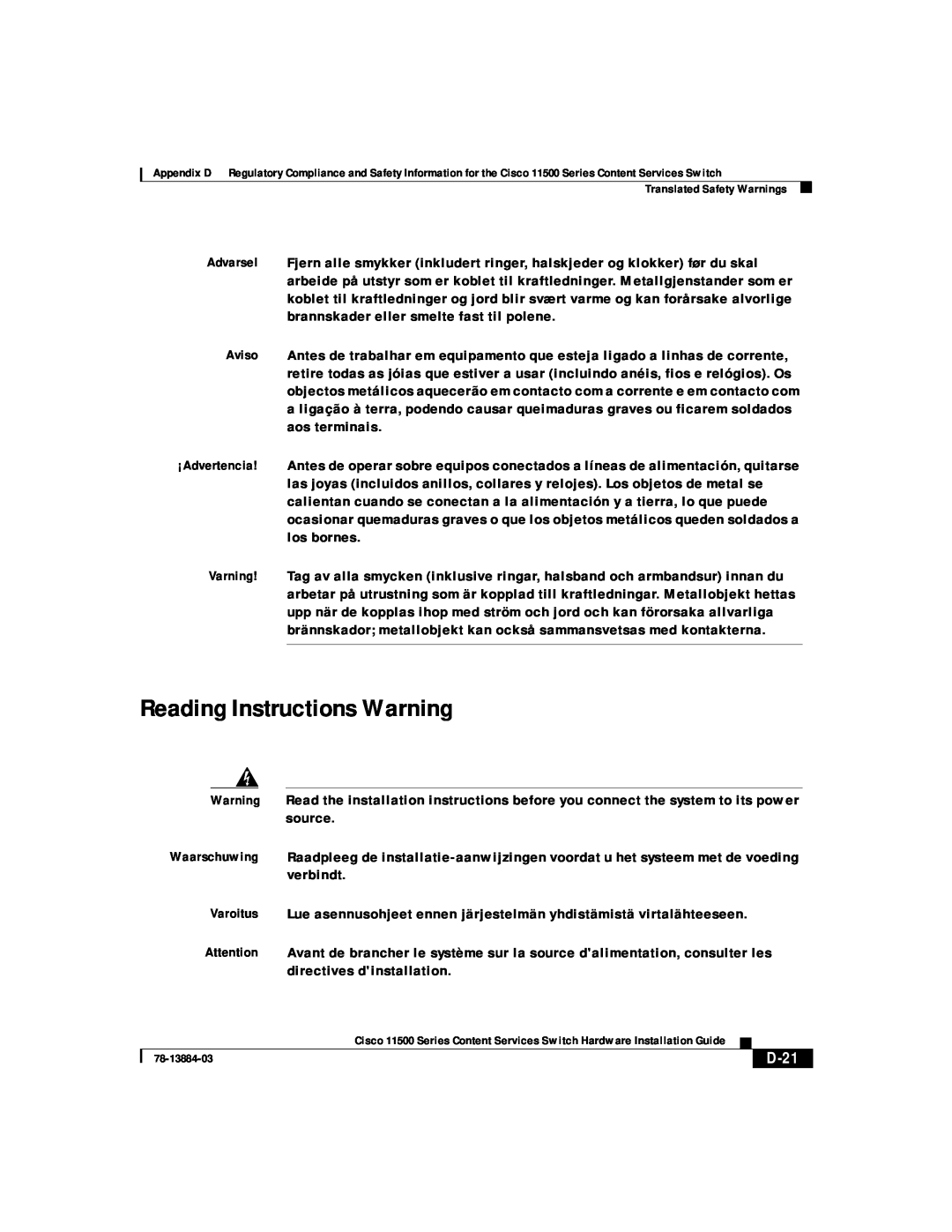 Cisco Systems 11500 Series manual Reading Instructions Warning, D-21 