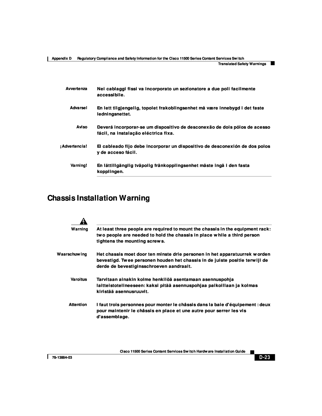 Cisco Systems 11500 Series manual Chassis Installation Warning, D-23 