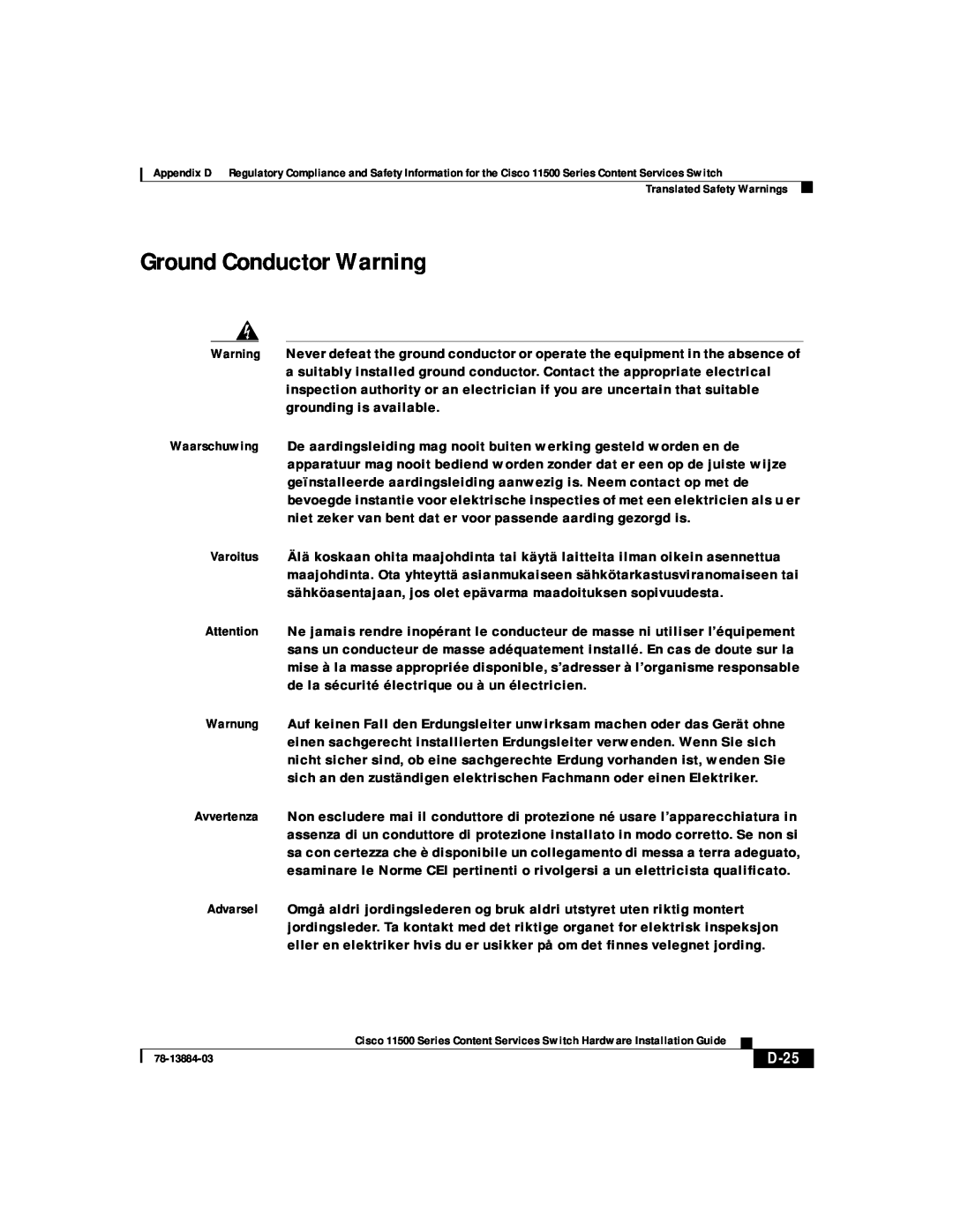 Cisco Systems 11500 Series manual Ground Conductor Warning, D-25 