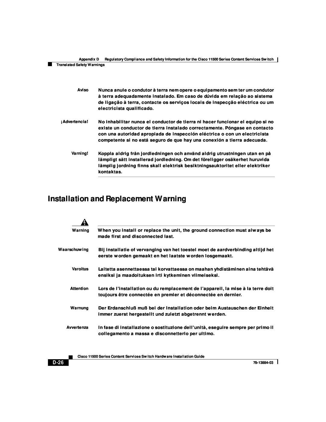 Cisco Systems 11500 Series manual Installation and Replacement Warning, D-26 
