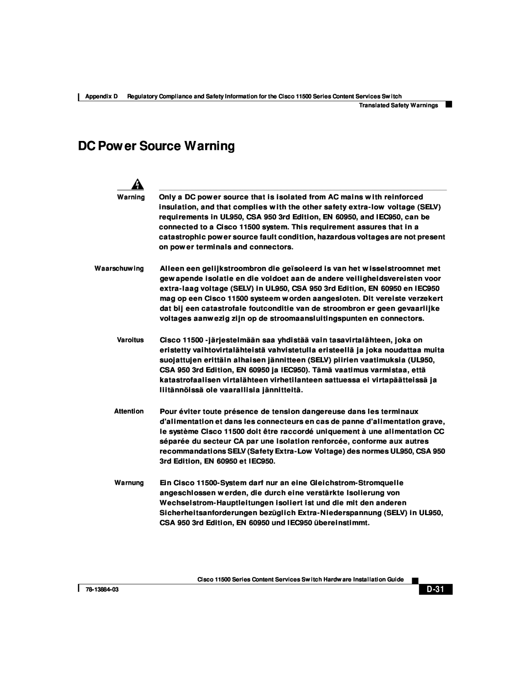 Cisco Systems 11500 Series manual DC Power Source Warning, D-31 