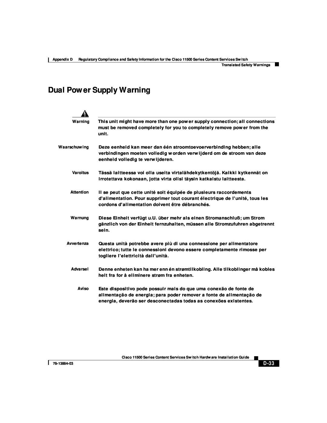 Cisco Systems 11500 Series manual Dual Power Supply Warning, D-33 