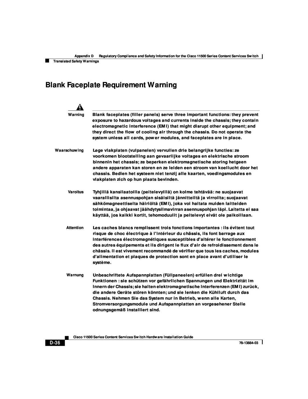 Cisco Systems 11500 Series manual Blank Faceplate Requirement Warning, D-36 