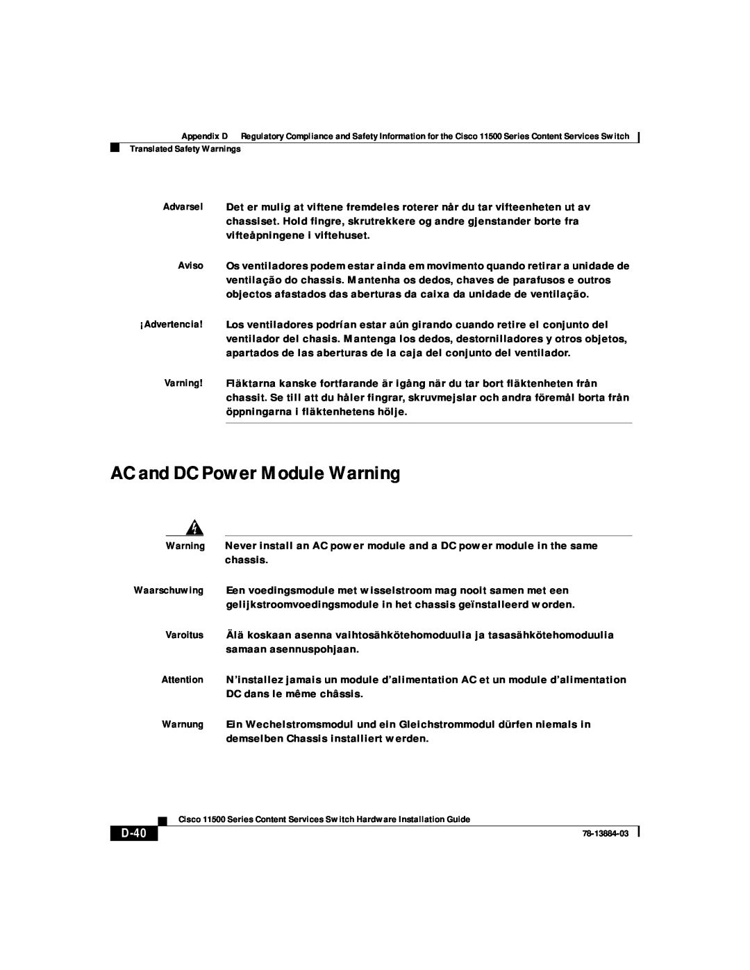 Cisco Systems 11500 Series manual AC and DC Power Module Warning, D-40 