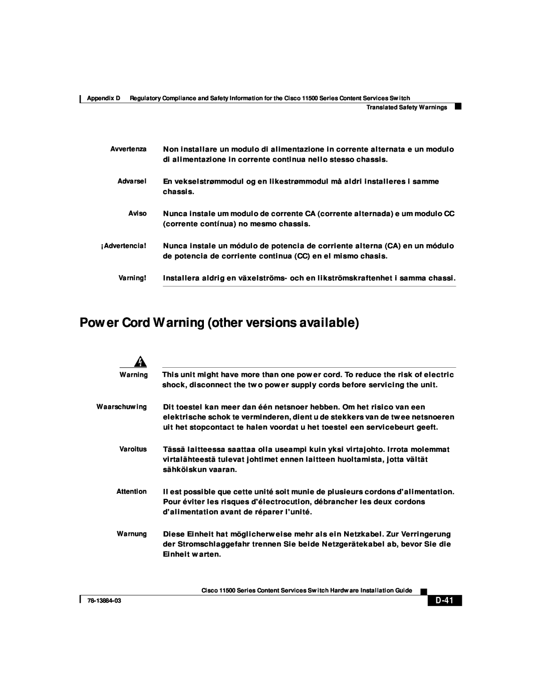 Cisco Systems 11500 Series manual Power Cord Warning other versions available, D-41 