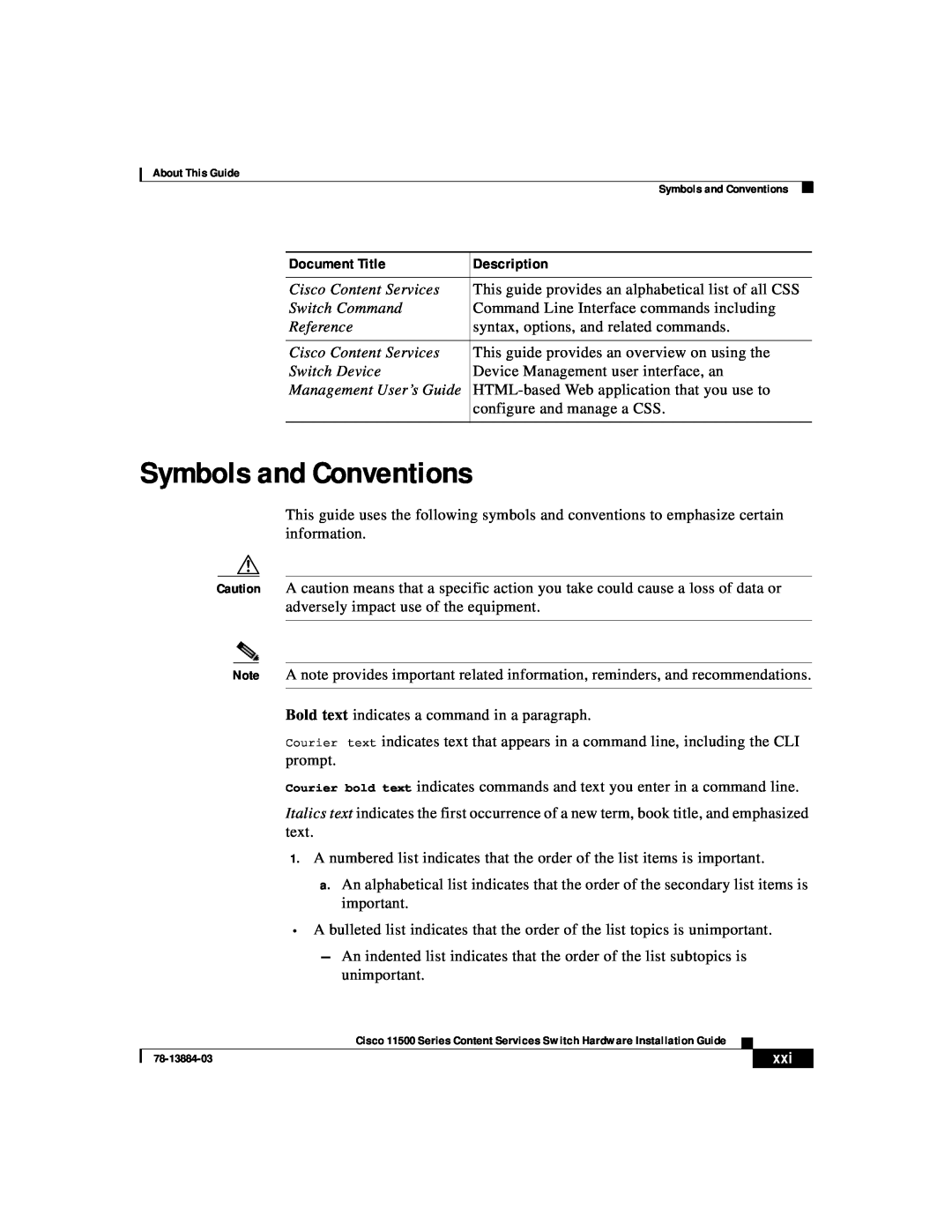 Cisco Systems 11500 Series manual Symbols and Conventions, Document Title, Description 