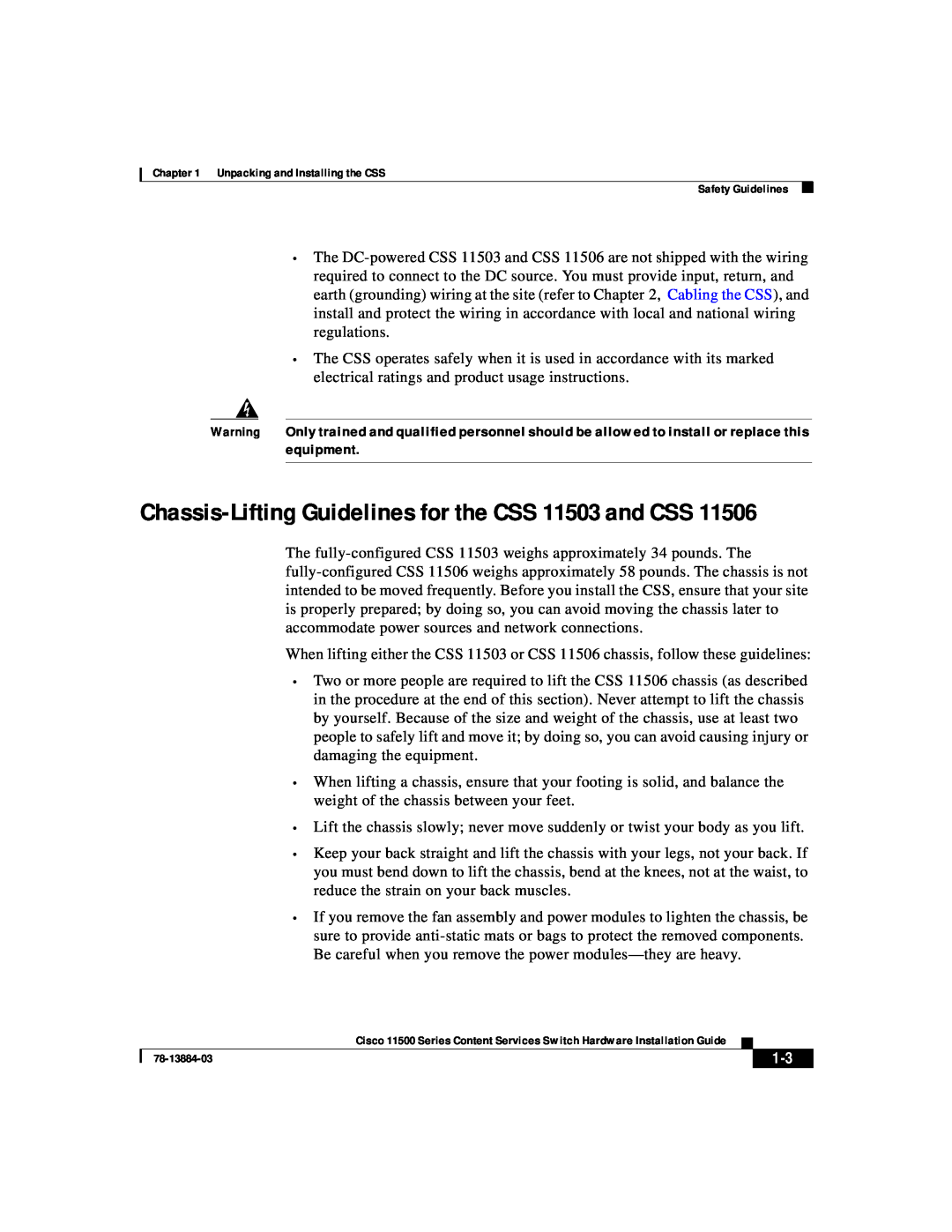 Cisco Systems 11500 Series manual Chassis-Lifting Guidelines for the CSS 11503 and CSS 