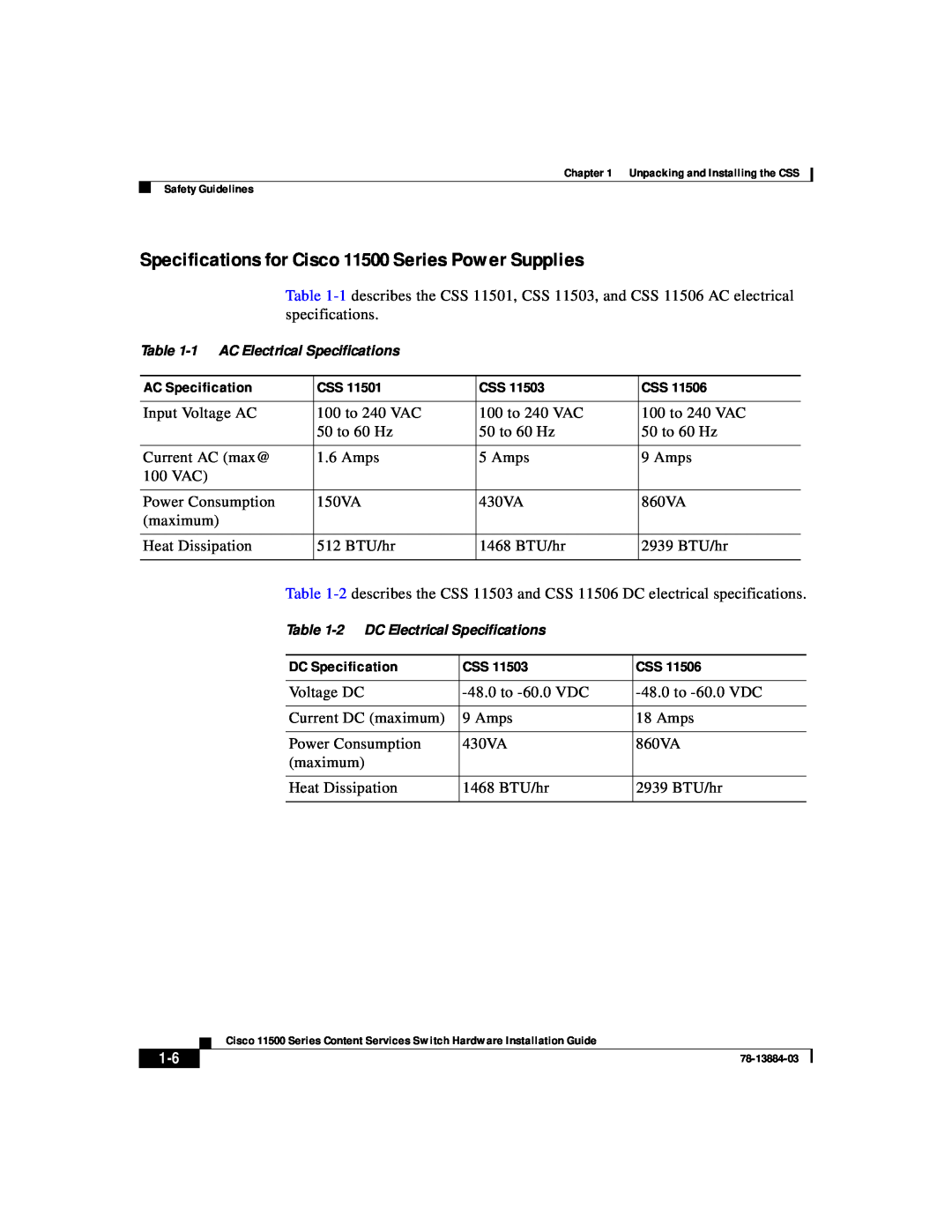 Cisco Systems manual Specifications for Cisco 11500 Series Power Supplies, 1 AC Electrical Specifications 