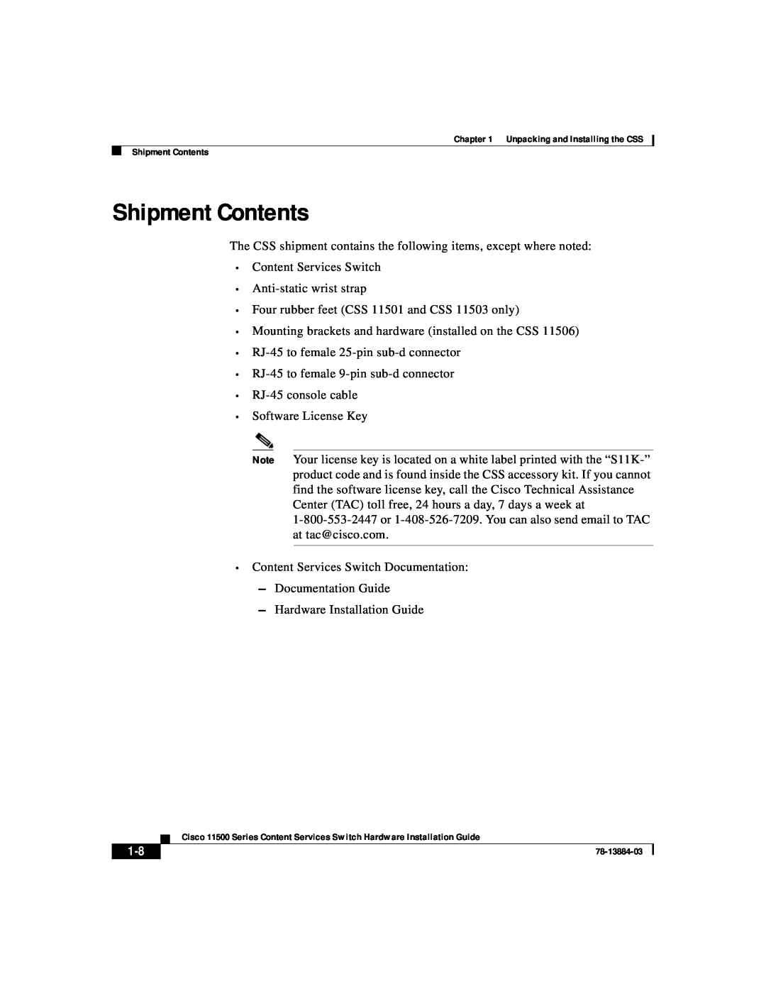 Cisco Systems 11500 Series manual Shipment Contents 
