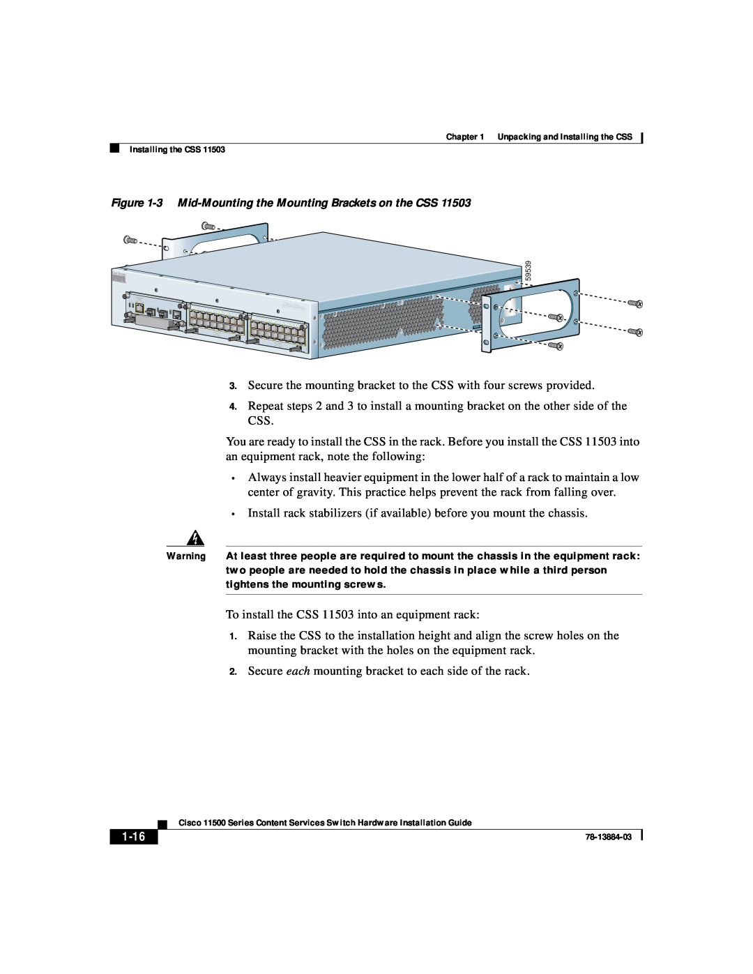 Cisco Systems 11500 Series manual 1-16, 3 Mid-Mounting the Mounting Brackets on the CSS 