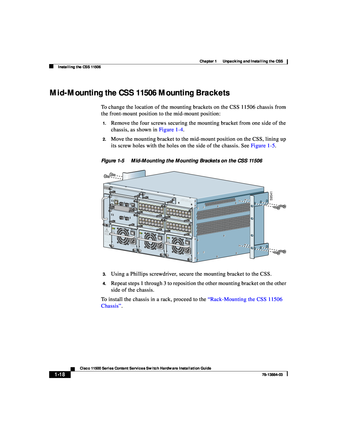 Cisco Systems 11500 Series manual Mid-Mounting the CSS 11506 Mounting Brackets, 1-18 