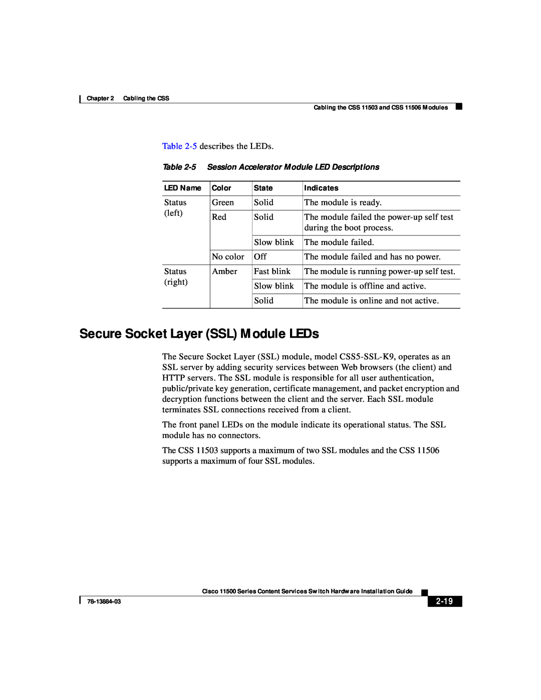Cisco Systems 11500 Series manual Secure Socket Layer SSL Module LEDs, 2-19, 5 Session Accelerator Module LED Descriptions 