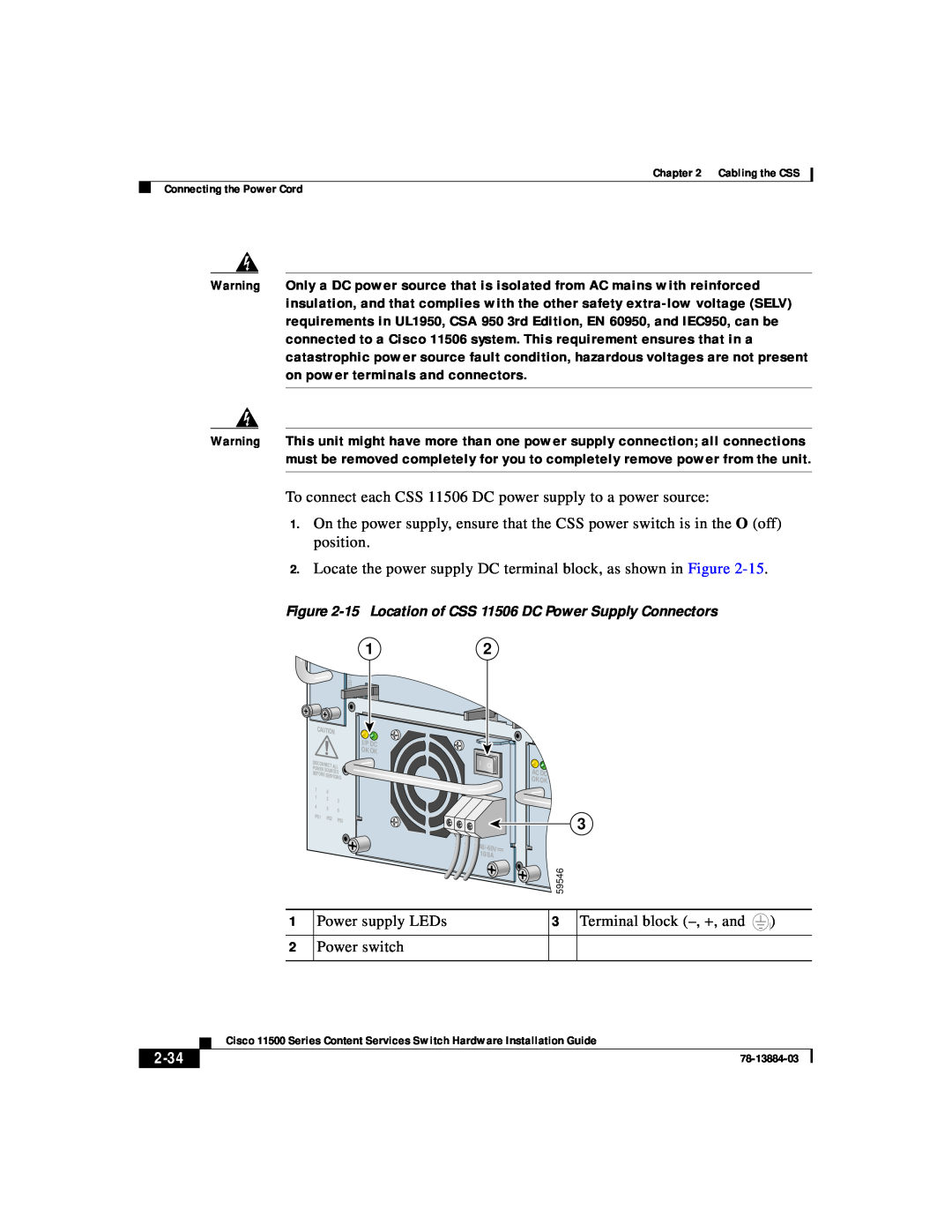 Cisco Systems 11500 Series manual 2-34, 15 Location of CSS 11506 DC Power Supply Connectors, I/P Dc, Ok Ok 