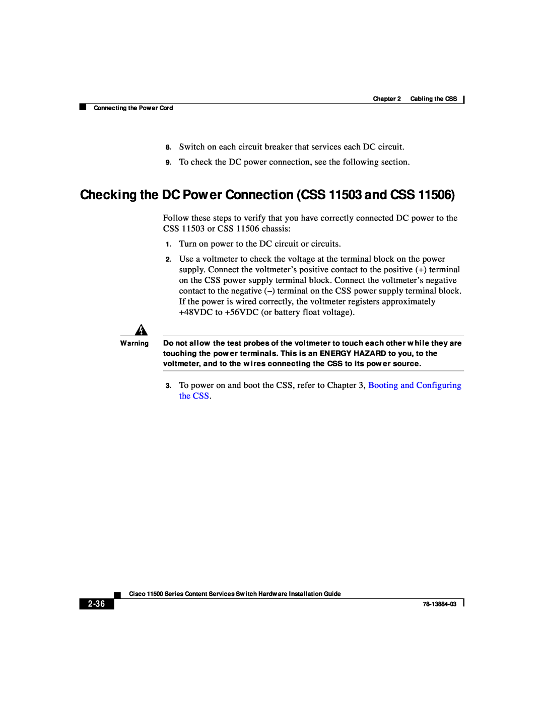 Cisco Systems 11500 Series manual Checking the DC Power Connection CSS 11503 and CSS, 2-36 