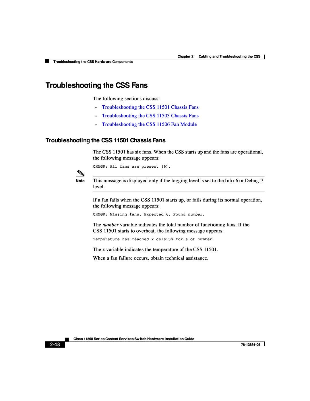 Cisco Systems 11500 Series manual Troubleshooting the CSS Fans, Troubleshooting the CSS 11501 Chassis Fans, 2-48 