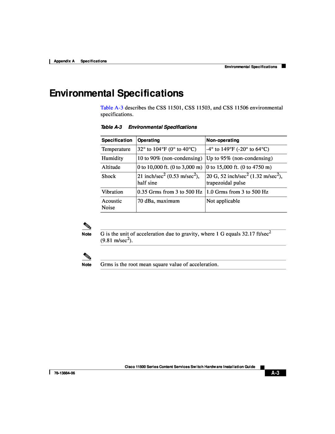 Cisco Systems 11500 Series manual Environmental Specifications 