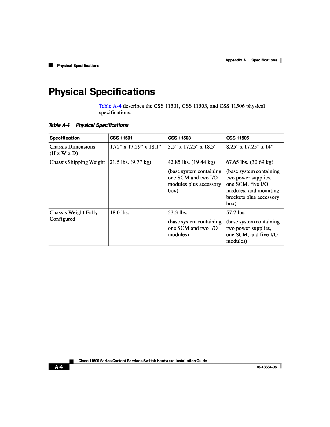 Cisco Systems 11500 Series manual Physical Specifications 