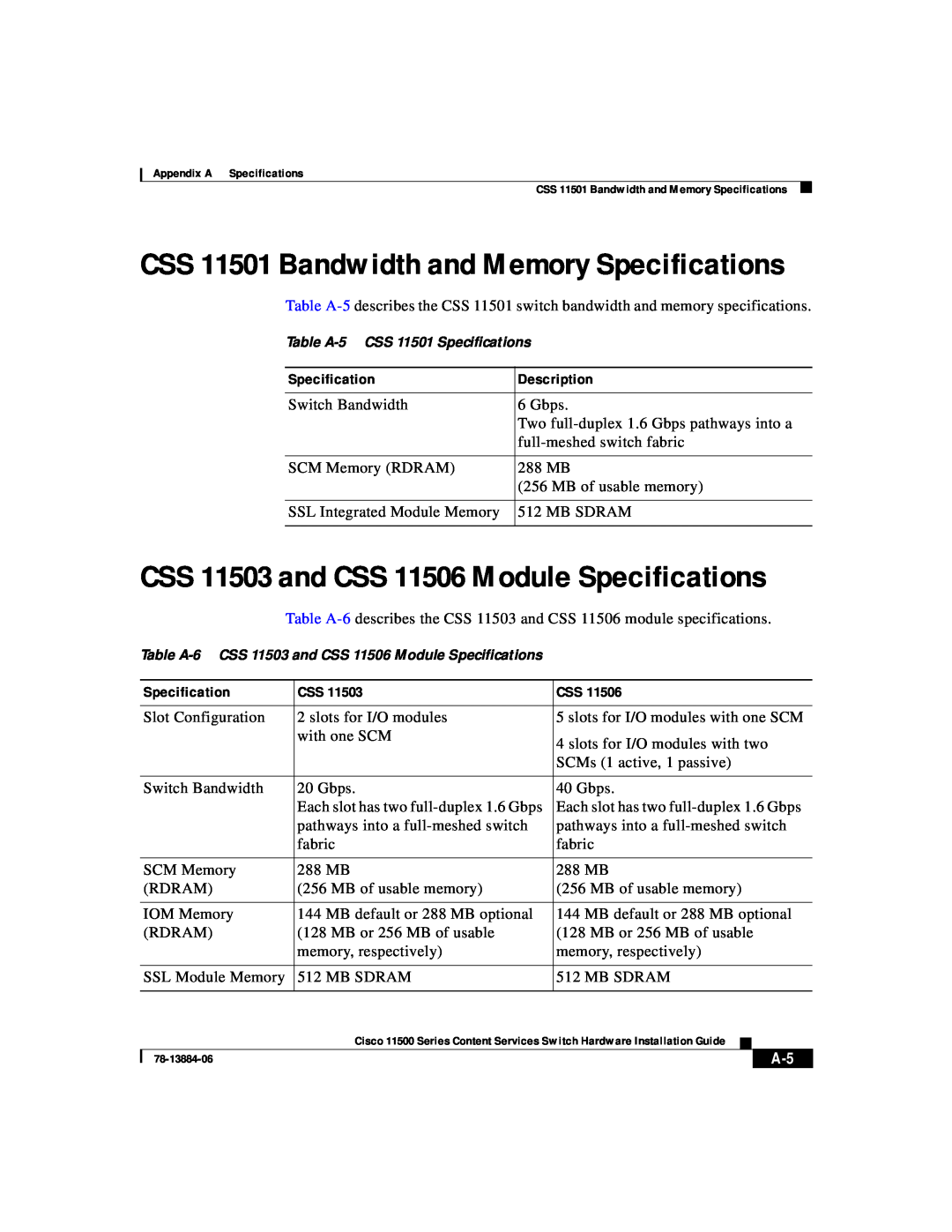 Cisco Systems 11500 Series CSS 11501 Bandwidth and Memory Specifications, CSS 11503 and CSS 11506 Module Specifications 