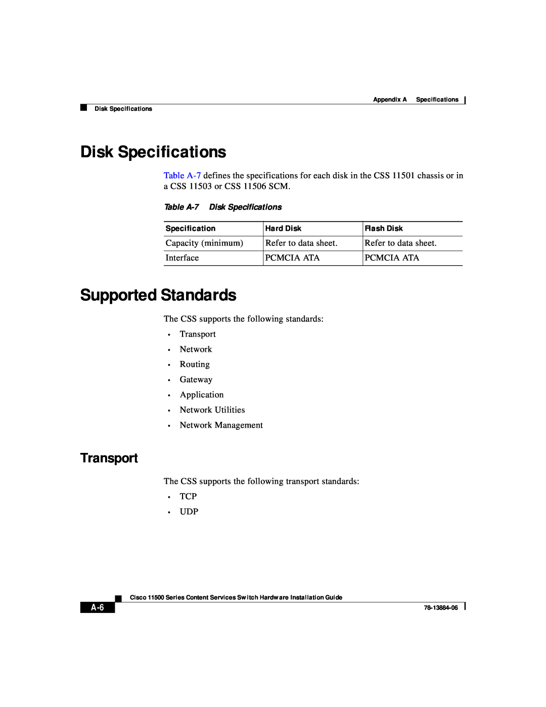Cisco Systems 11500 Series manual Disk Specifications, Supported Standards, Transport 