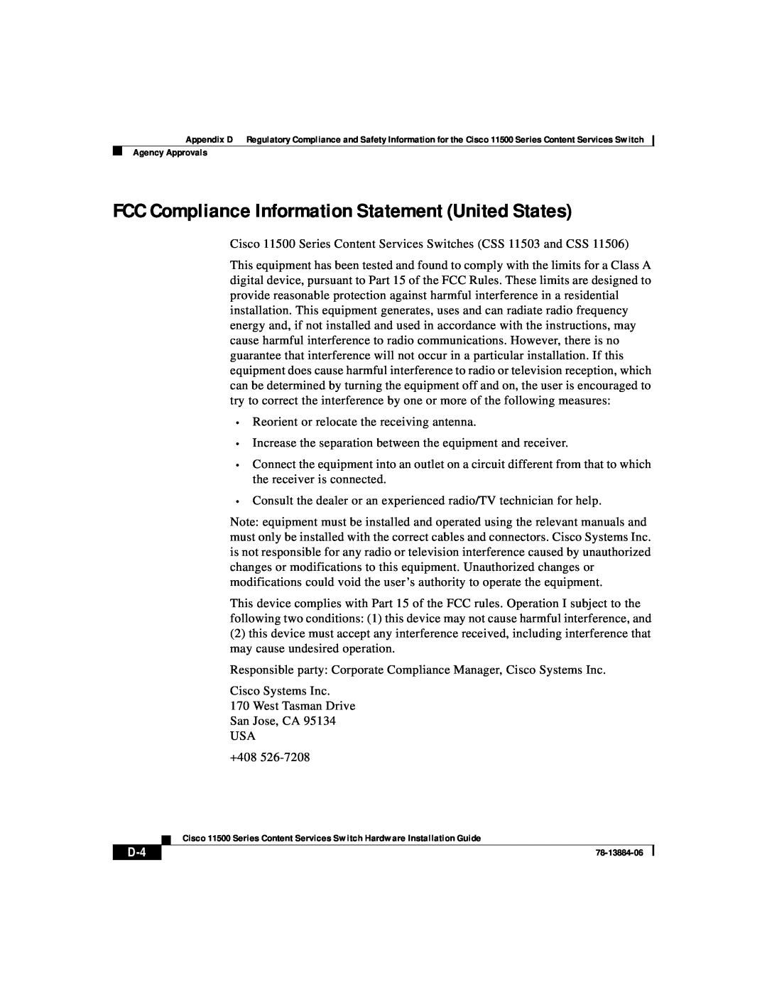Cisco Systems 11500 Series manual FCC Compliance Information Statement United States 