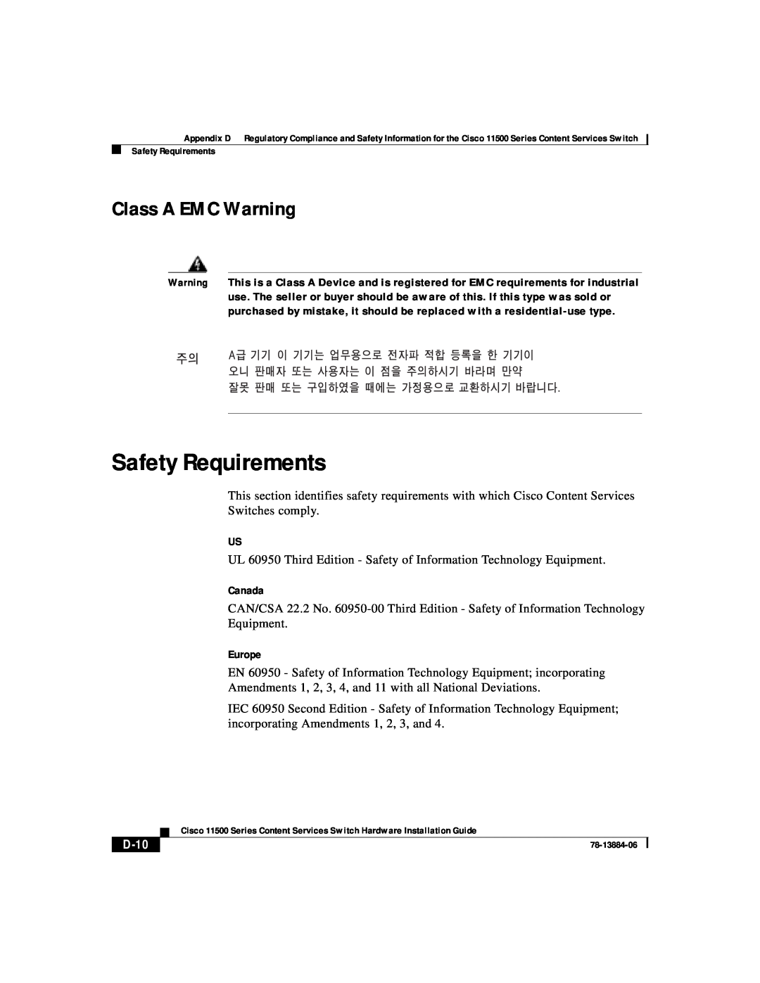 Cisco Systems 11500 Series manual Safety Requirements, Class A EMC Warning, D-10 