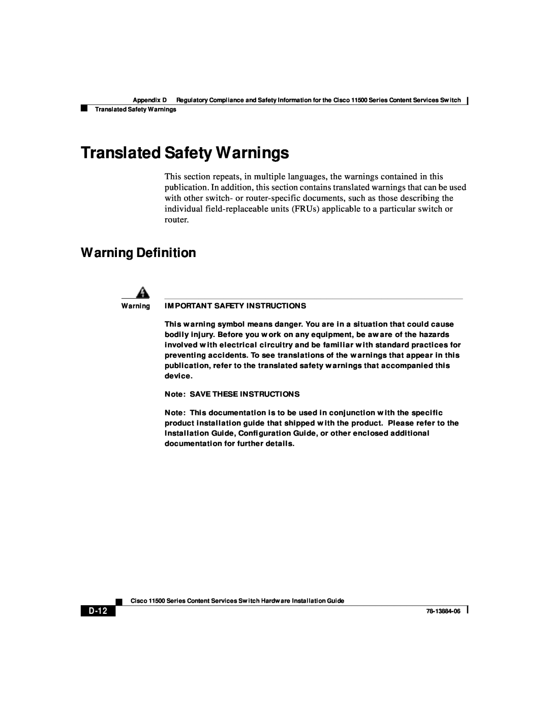 Cisco Systems 11500 Series manual Translated Safety Warnings, Warning Definition, D-12 