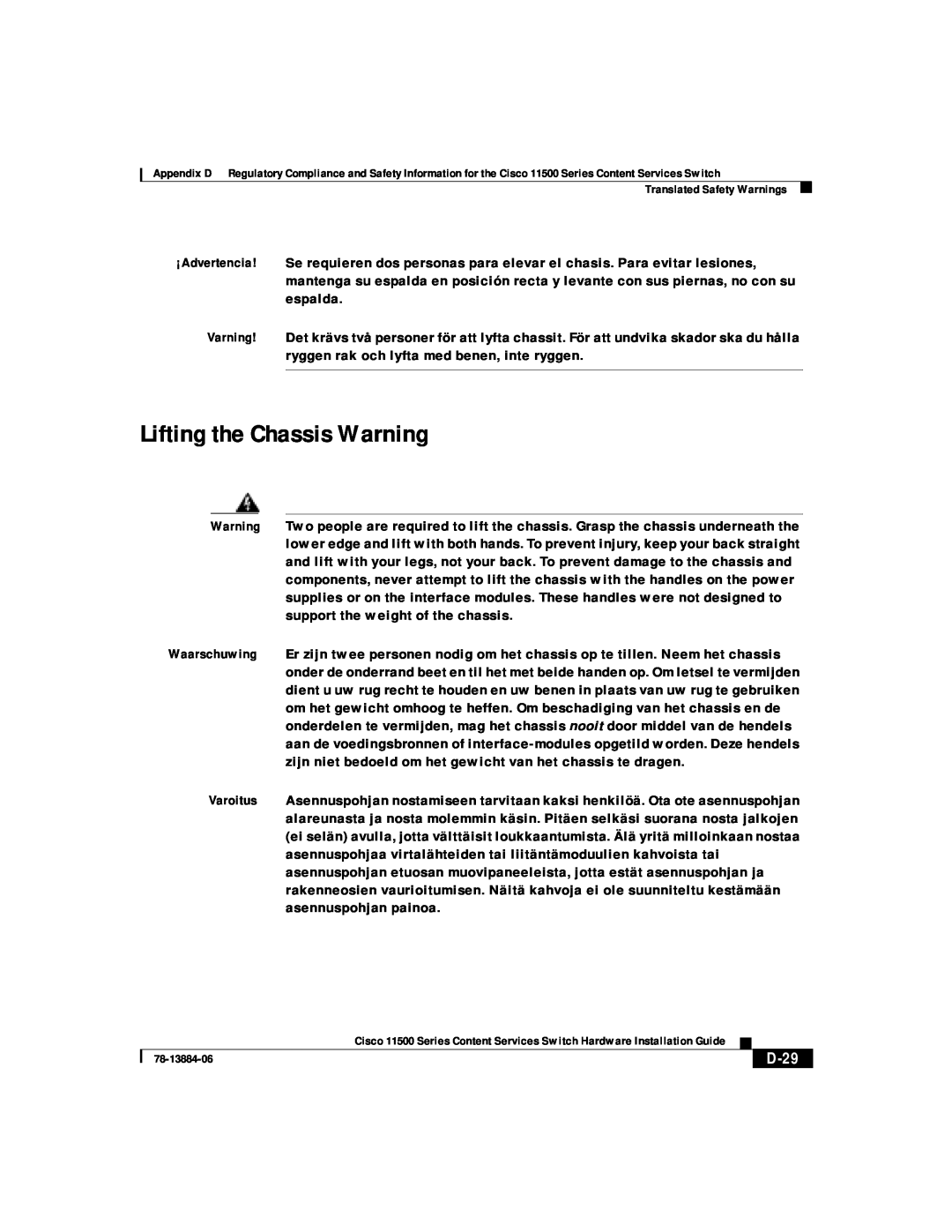 Cisco Systems 11500 Series manual Lifting the Chassis Warning, D-29 