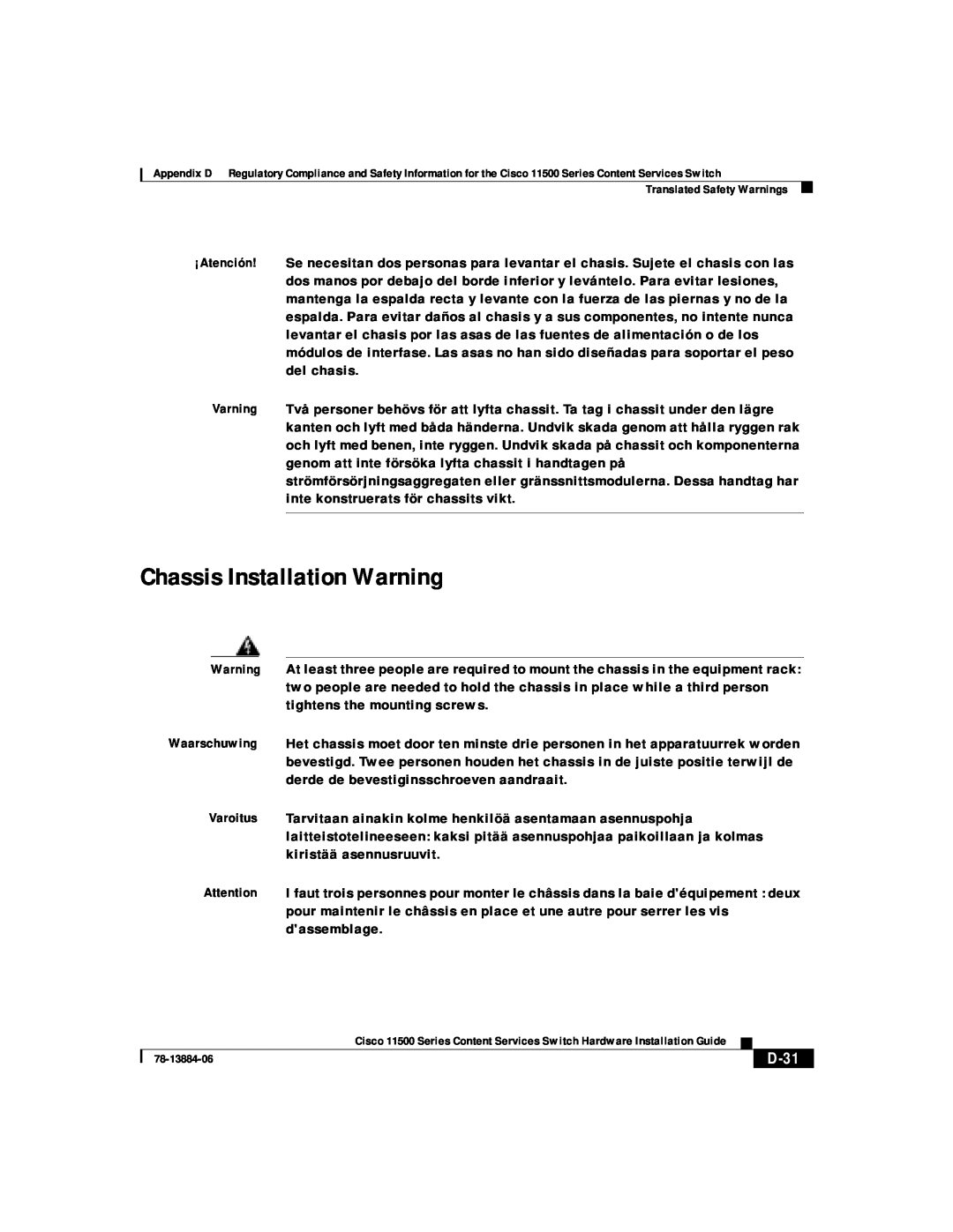 Cisco Systems 11500 Series manual Chassis Installation Warning, D-31 