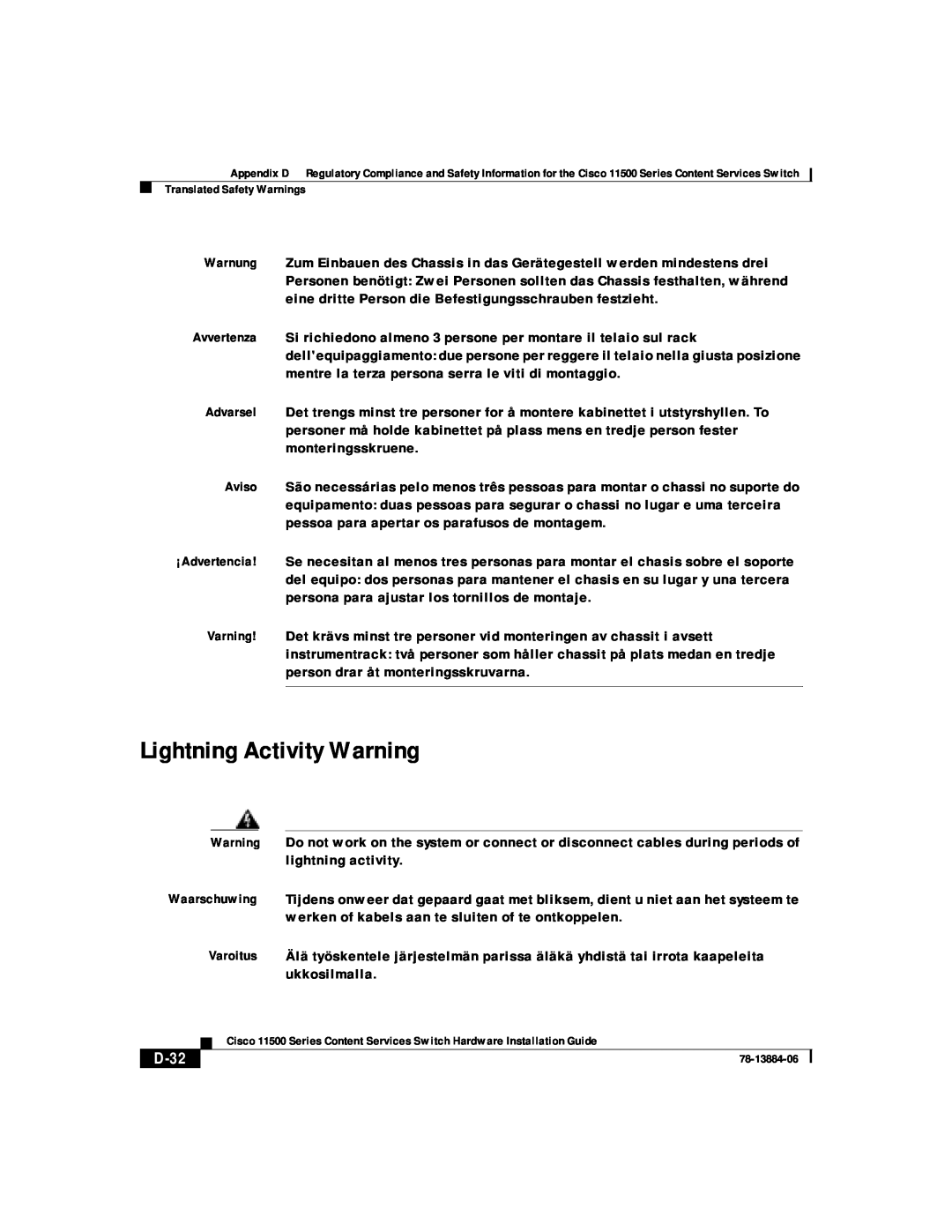 Cisco Systems 11500 Series manual Lightning Activity Warning, D-32 