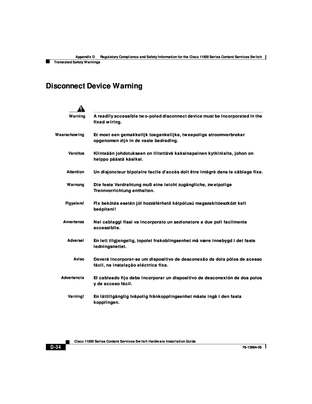 Cisco Systems 11500 Series manual Disconnect Device Warning, D-34 