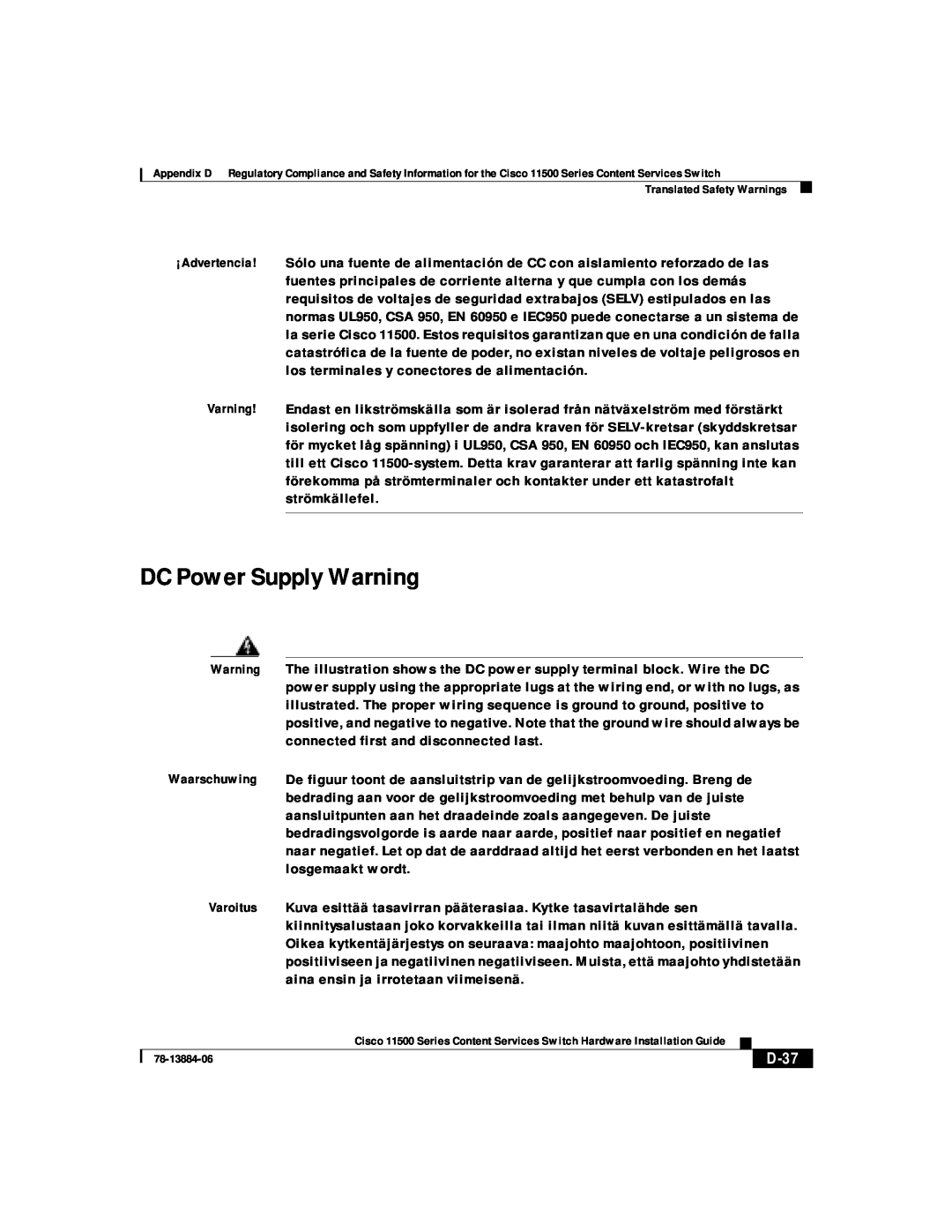 Cisco Systems 11500 Series manual DC Power Supply Warning, D-37 