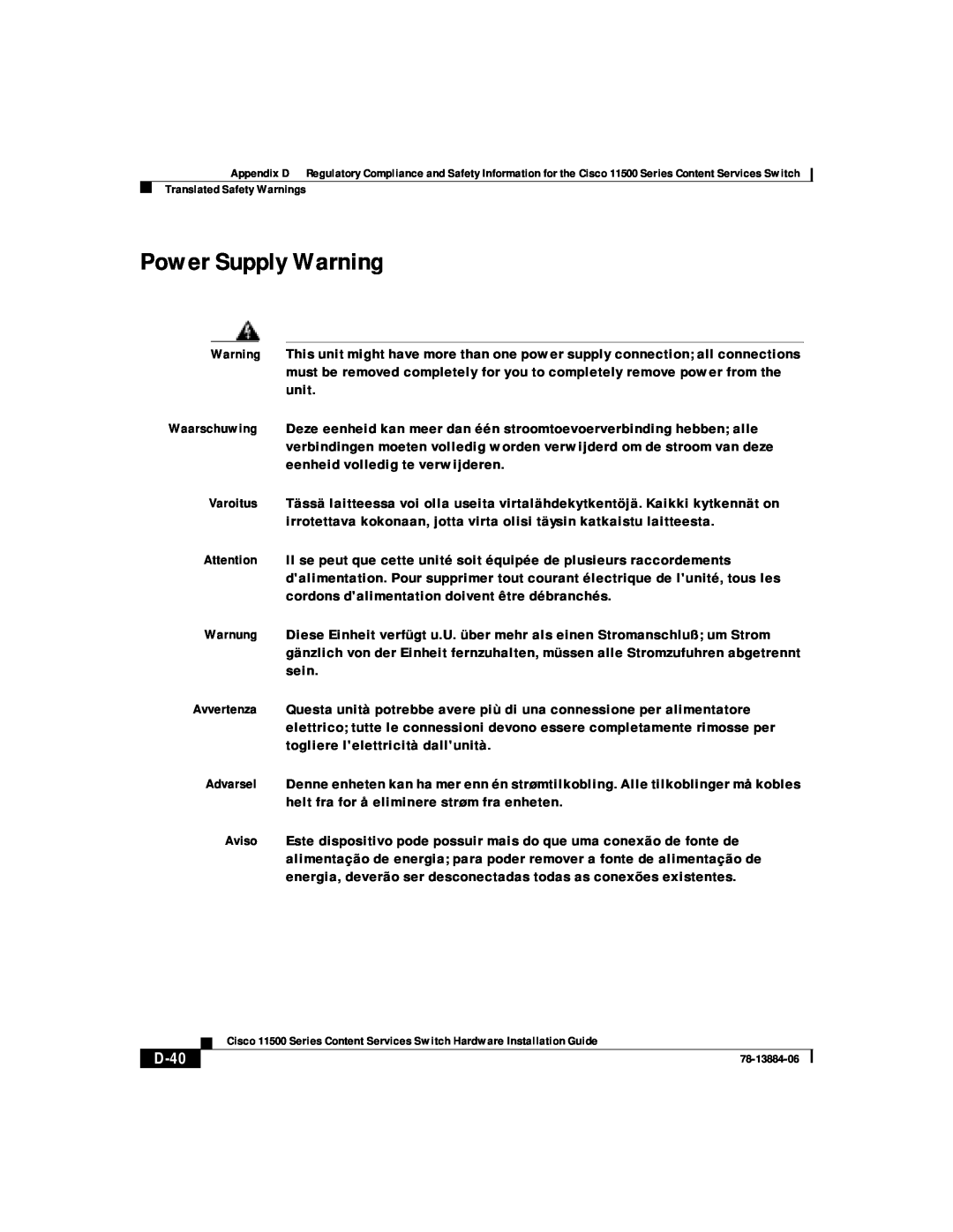 Cisco Systems 11500 Series manual Power Supply Warning, D-40 