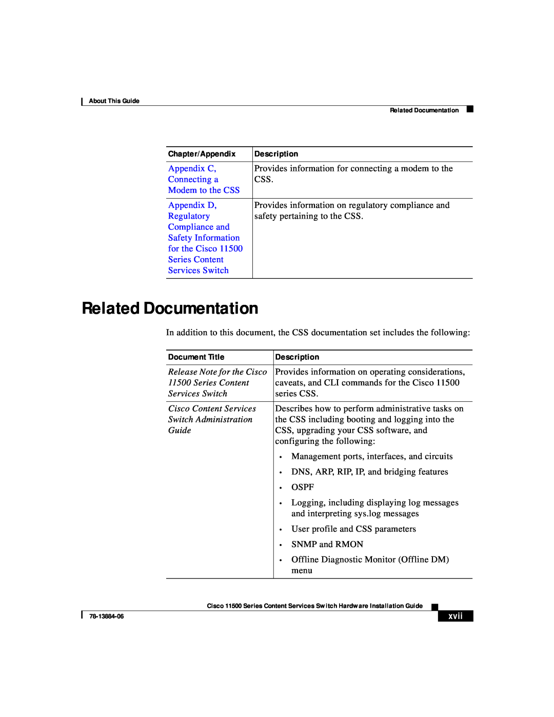 Cisco Systems 11500 Series Related Documentation, Chapter/Appendix, Description, Appendix C, Connecting a, Appendix D 