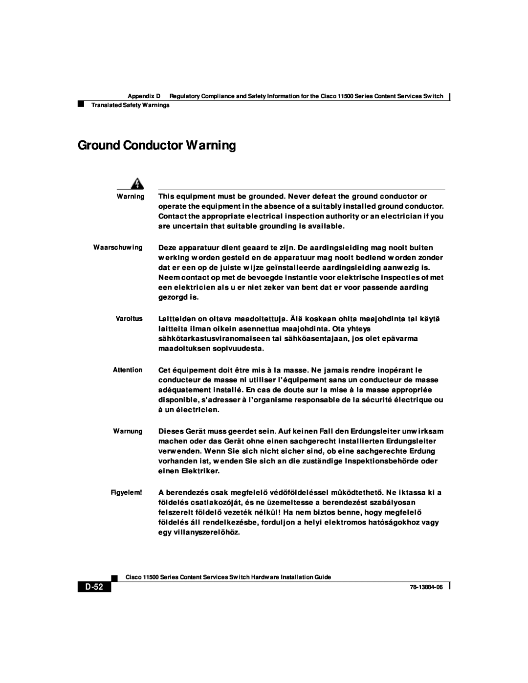 Cisco Systems 11500 Series manual Ground Conductor Warning, D-52 
