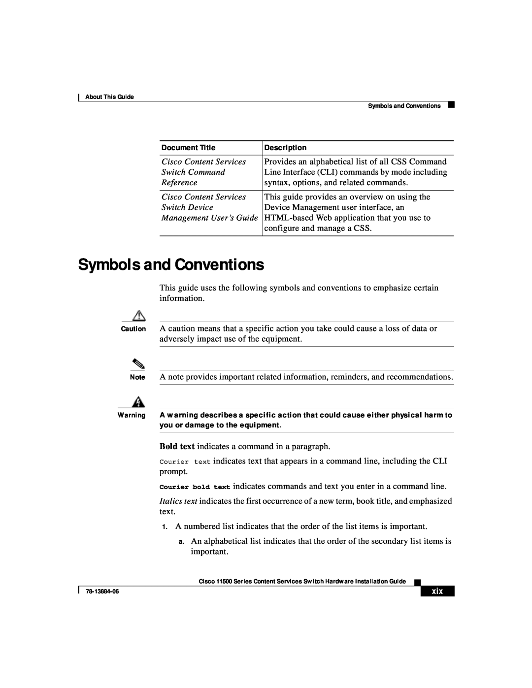 Cisco Systems 11500 Series manual Symbols and Conventions, Document Title, Description 