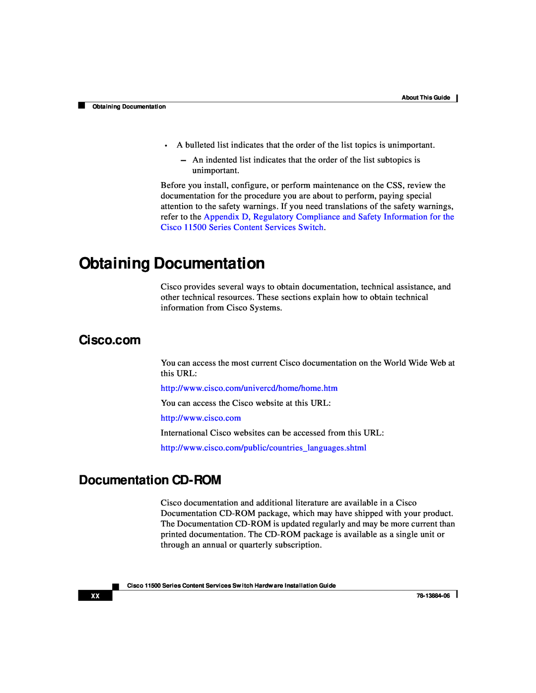 Cisco Systems 11500 Series manual Obtaining Documentation, Cisco.com, Documentation CD-ROM 