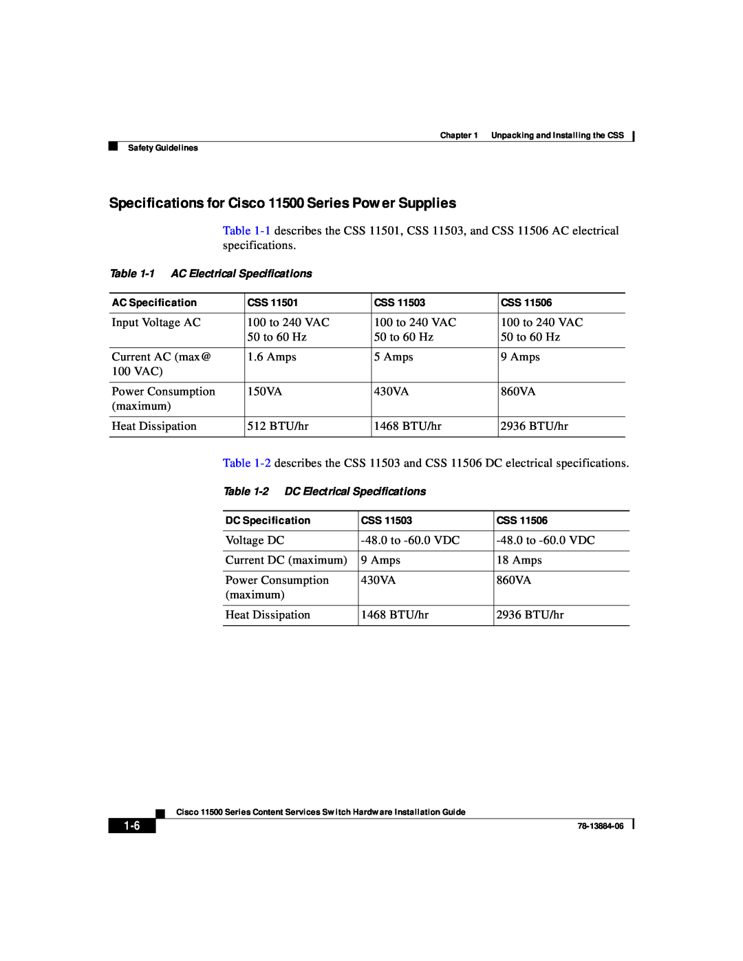 Cisco Systems manual Specifications for Cisco 11500 Series Power Supplies, 1 AC Electrical Specifications 