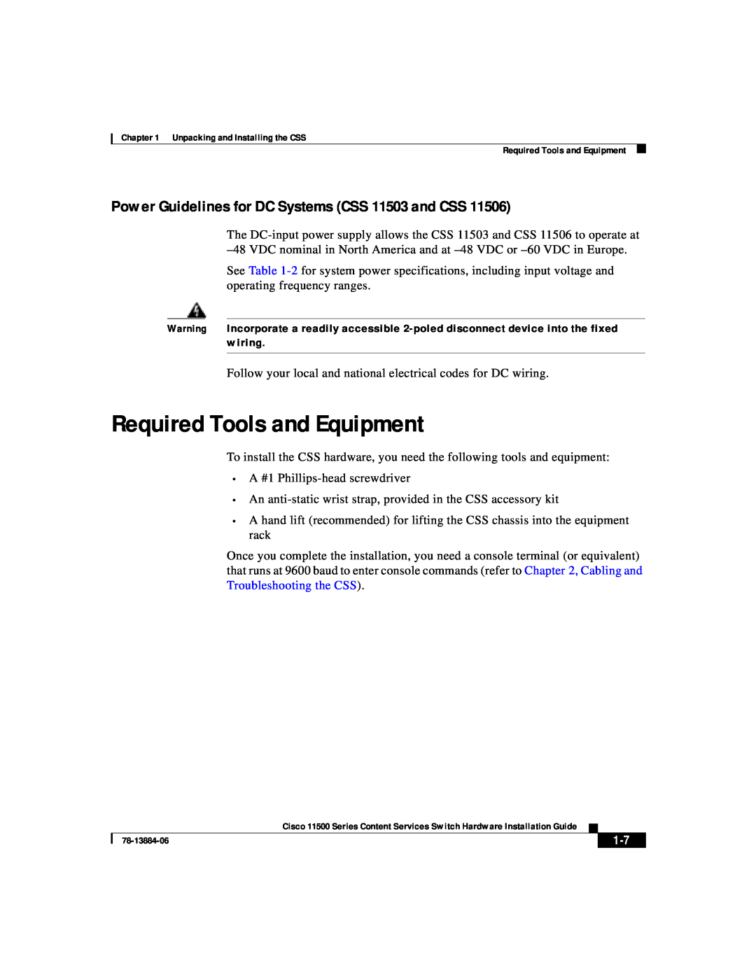 Cisco Systems 11500 Series manual Required Tools and Equipment, Power Guidelines for DC Systems CSS 11503 and CSS 