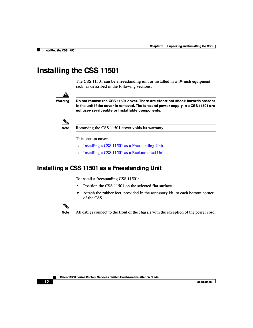 Cisco Systems 11500 Series manual Installing the CSS, Installing a CSS 11501 as a Freestanding Unit, 1-12 