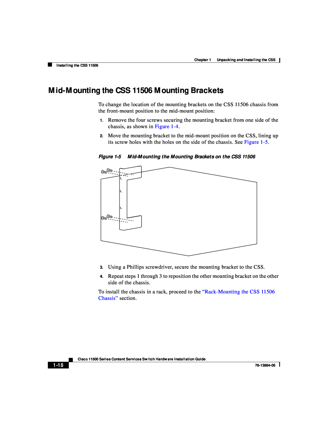 Cisco Systems 11500 Series manual Mid-Mounting the CSS 11506 Mounting Brackets, 1-18 