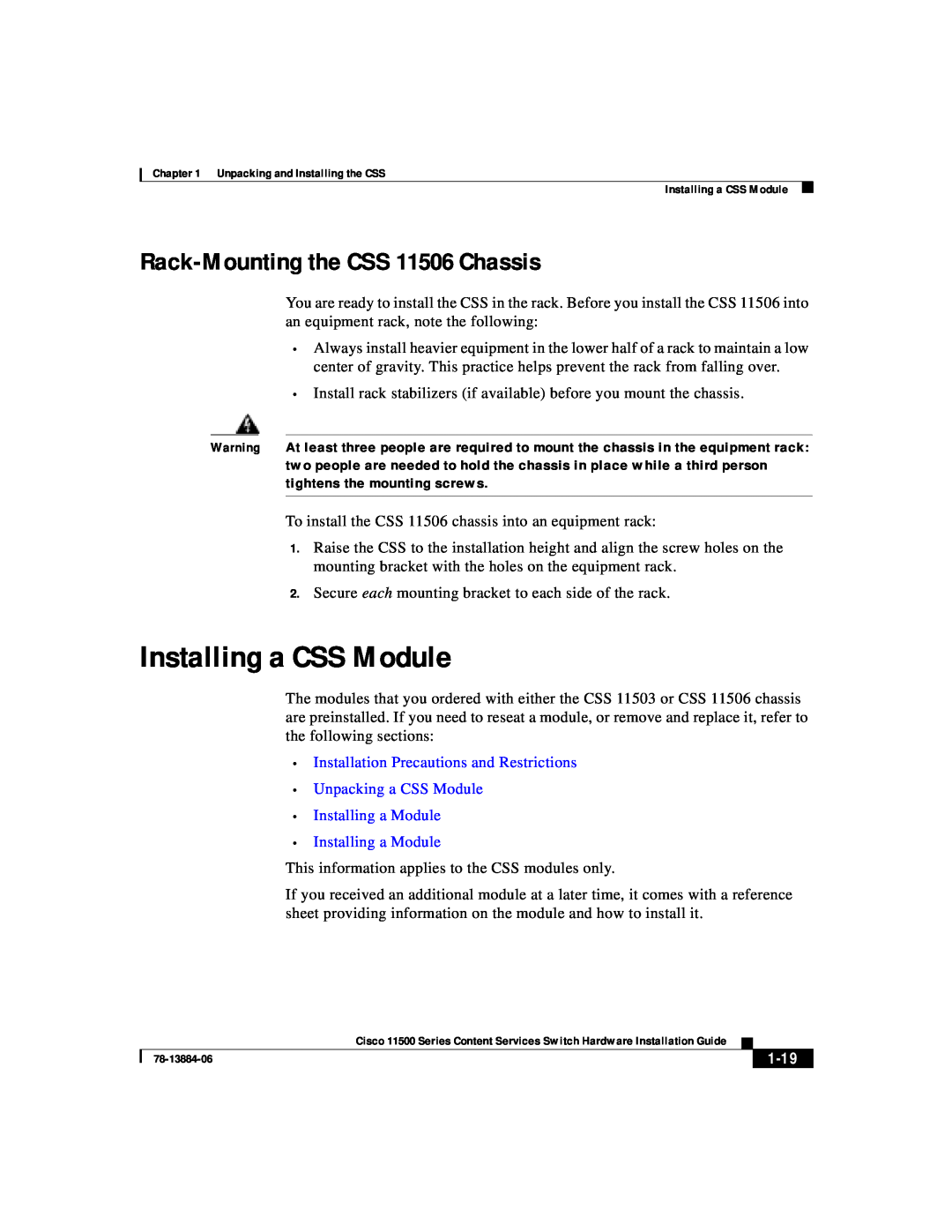 Cisco Systems 11500 Series manual Installing a CSS Module, Rack-Mounting the CSS 11506 Chassis, 1-19 