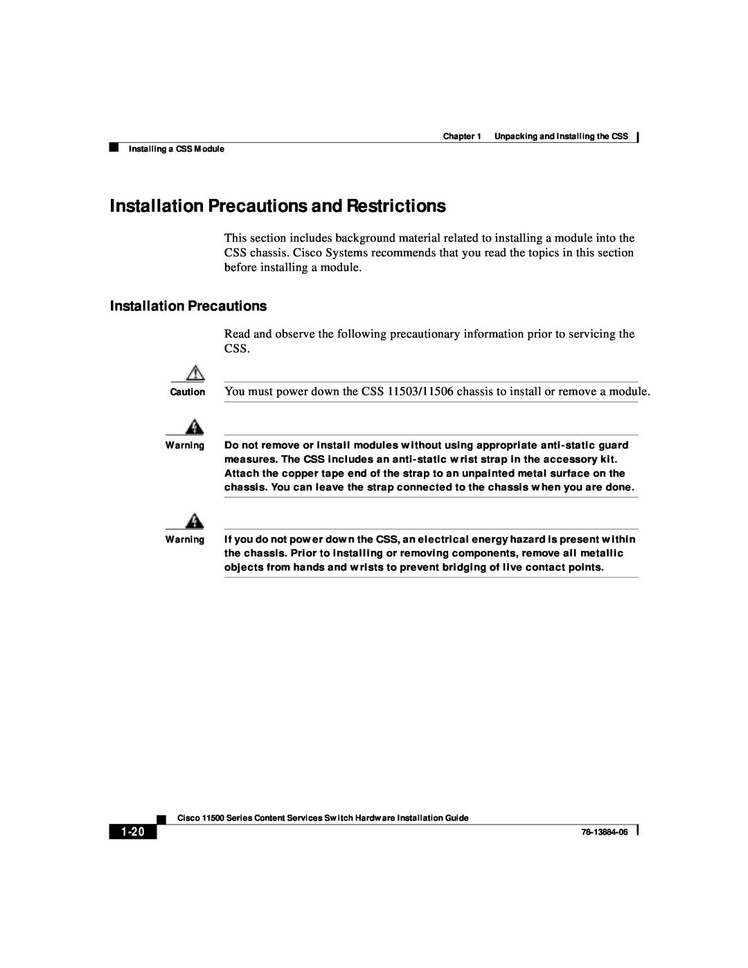 Cisco Systems 11500 Series manual Installation Precautions and Restrictions, 1-20 