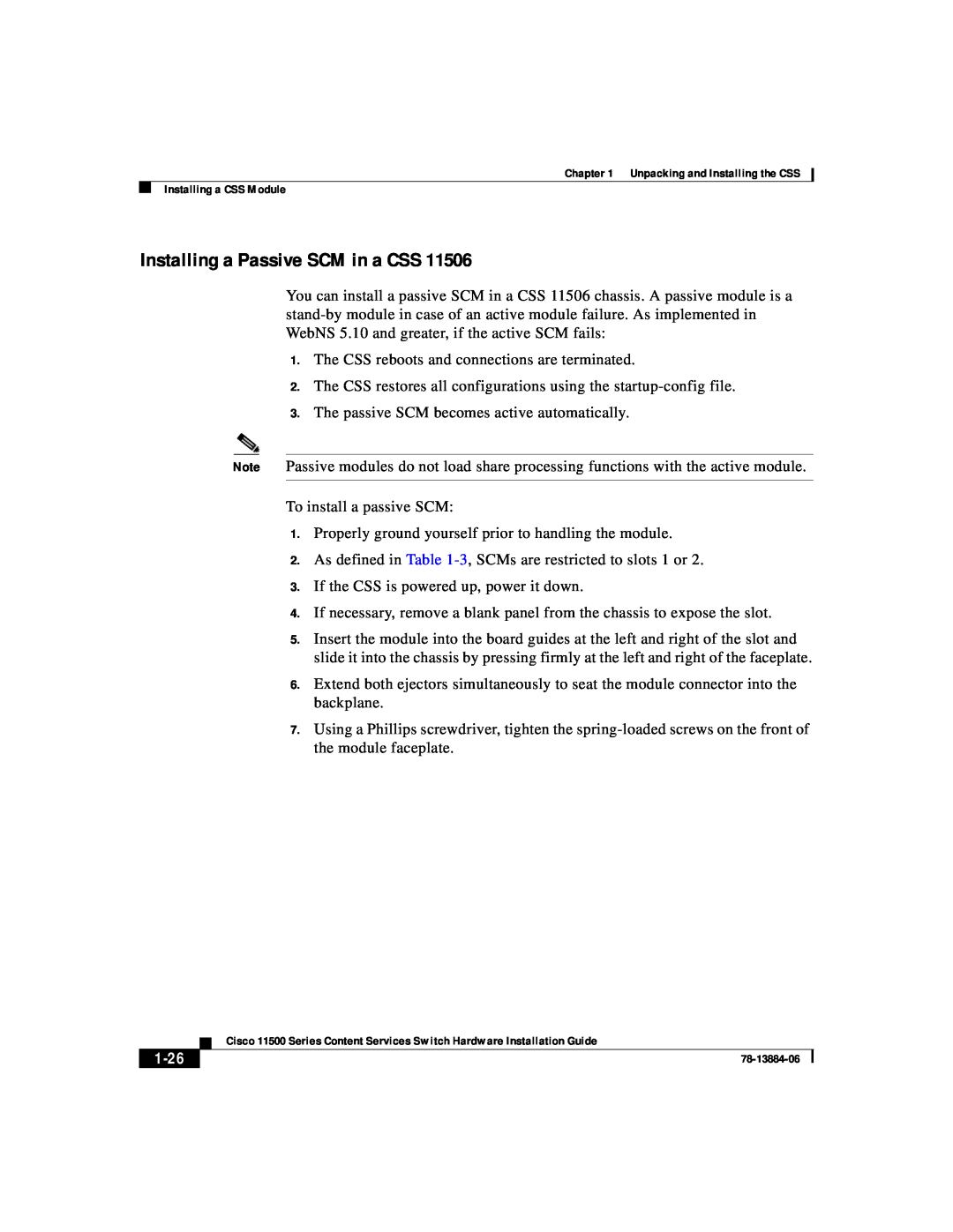 Cisco Systems 11500 Series manual Installing a Passive SCM in a CSS, 1-26 