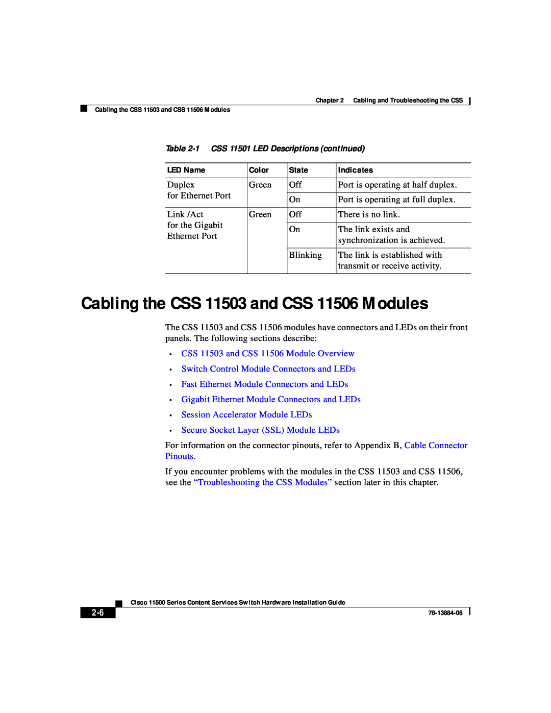 Cisco Systems 11500 Series manual Cabling the CSS 11503 and CSS 11506 Modules, CSS 11503 and CSS 11506 Module Overview 