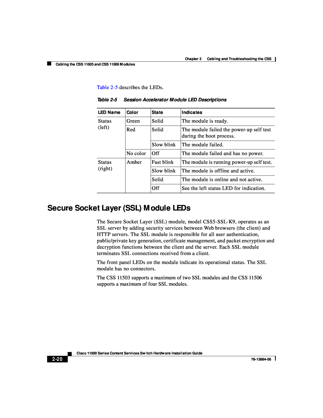 Cisco Systems 11500 Series manual Secure Socket Layer SSL Module LEDs, 2-20, 5 Session Accelerator Module LED Descriptions 